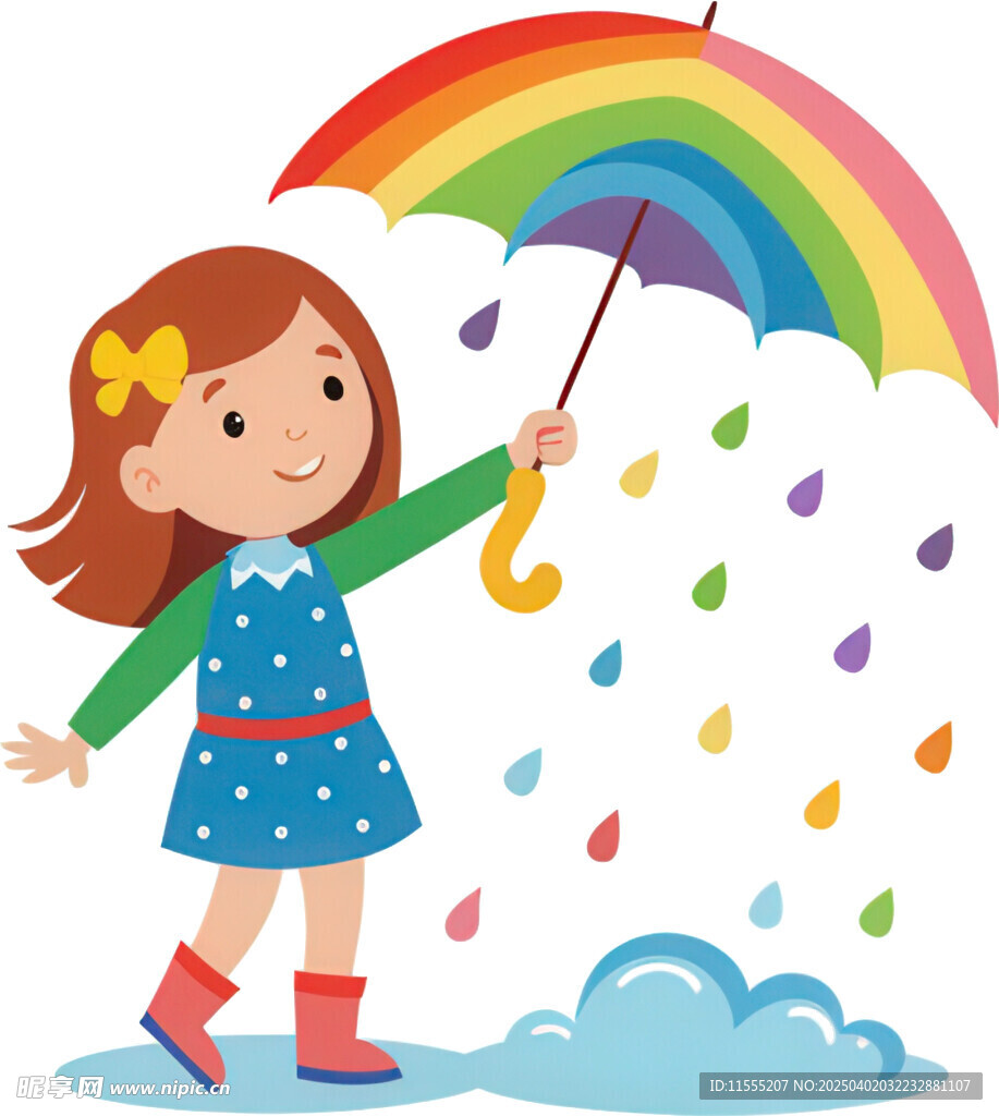 女孩持彩虹欢乐撒播雨滴免抠图