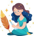 女孩拿羽毛作画认真样子免抠图