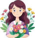 女孩抱鲜花面露灿烂笑容免抠图