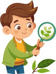 男孩持放大镜观察植物细