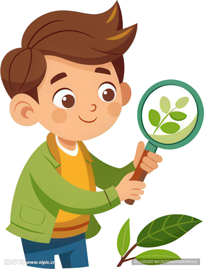男孩持放大镜观察植物细