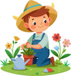 男孩花园园丁劳作种植花草忙