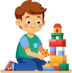 小孩搭积木与猫相伴免抠图