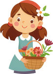 女孩提花篮似在采摘花朵免抠