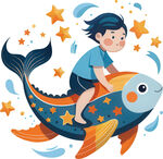 男孩骑飞鱼畅享奇幻之旅免抠