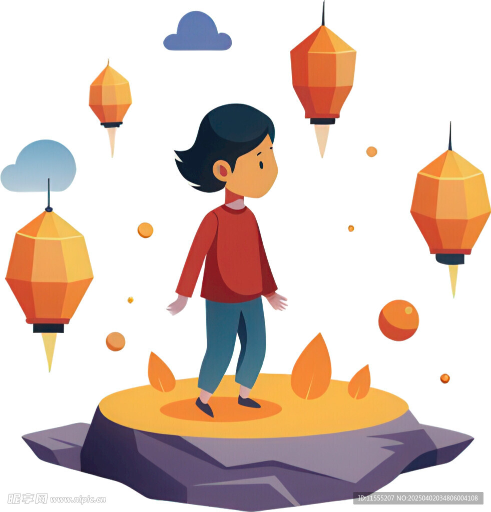 孩子提灯笼漫步显悠然免抠