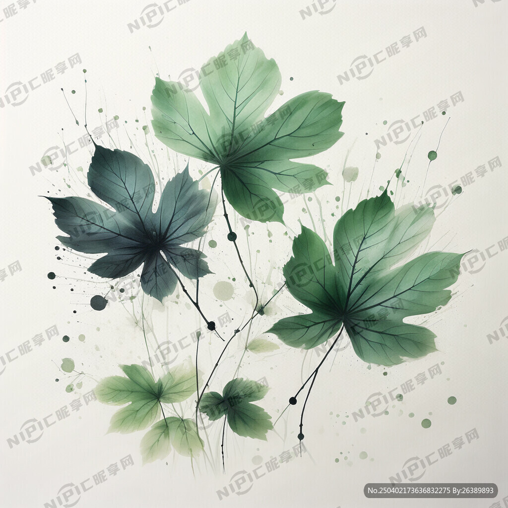 三片树叶 国画 绿色 简洁
