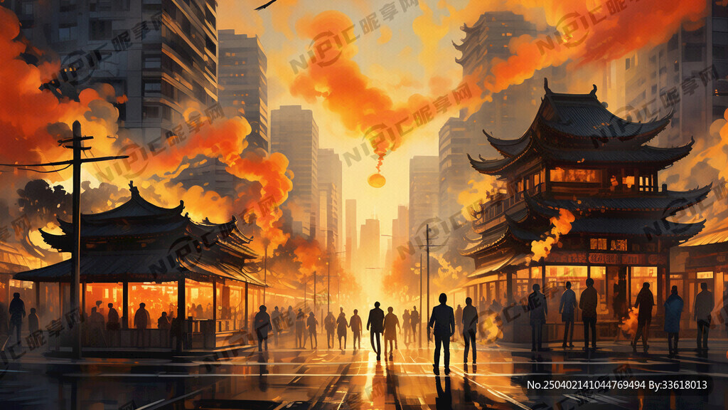 夕阳余晖的琥珀色光晕交融烟雾升