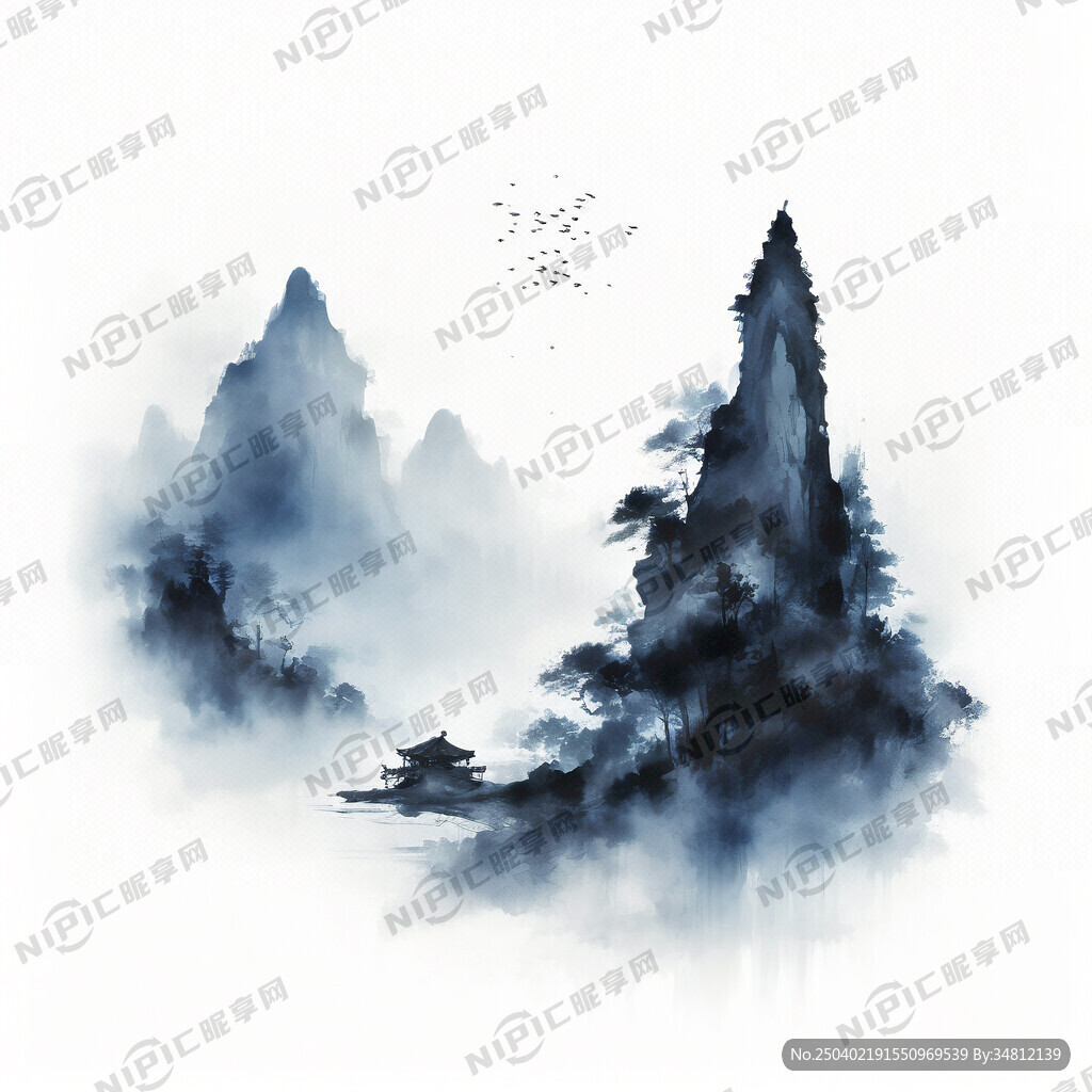水墨山水 单色蓝色调 仅用蓝色
