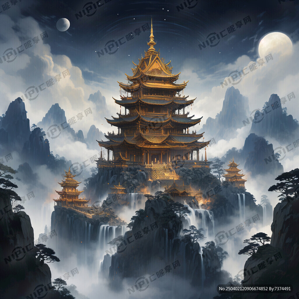 老君山金殿在浩瀚的星空下群山环
