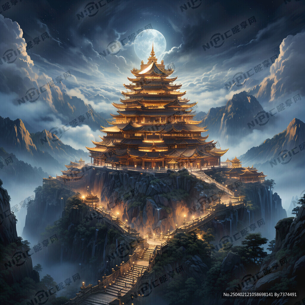 老君山金殿在浩瀚的星空下群山山