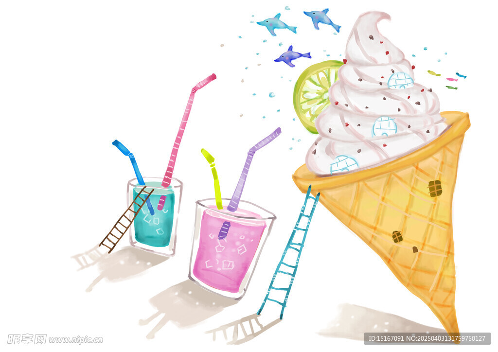 夏日冰爽卡通手绘插画