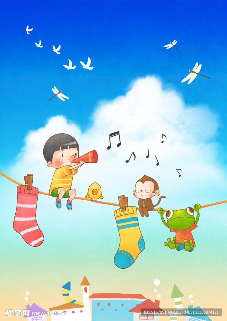 可爱幼儿晒袜子童话插画