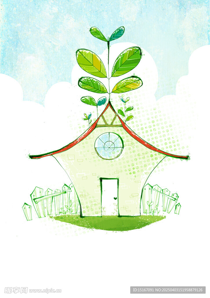 房屋与绿植树叶卡通插画