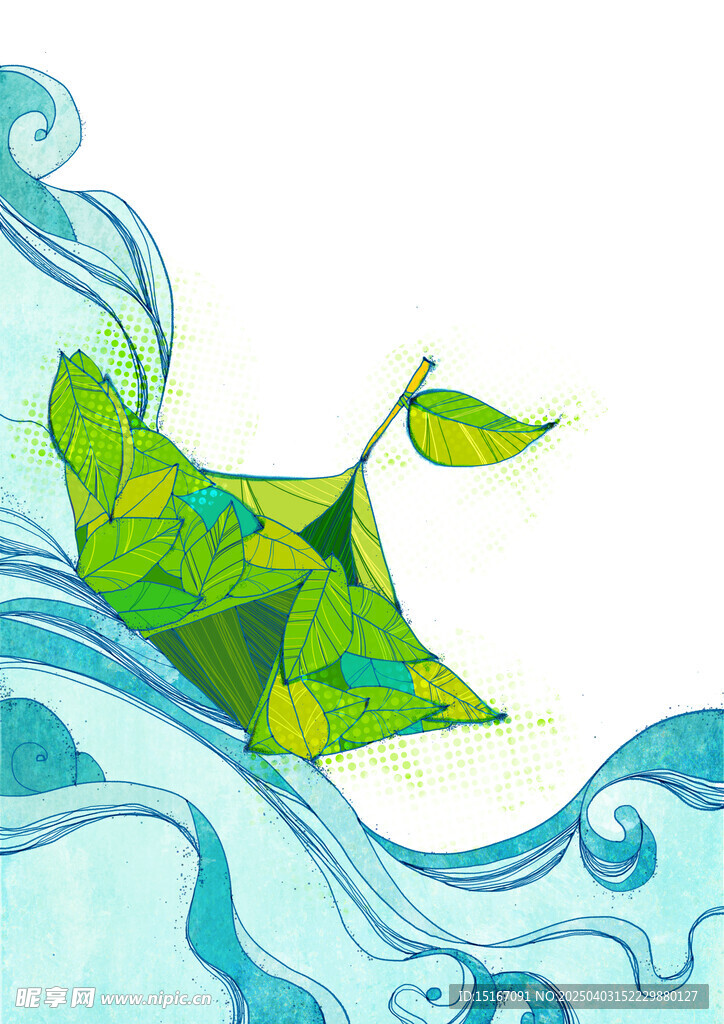 绿色小船与大海抽象插画