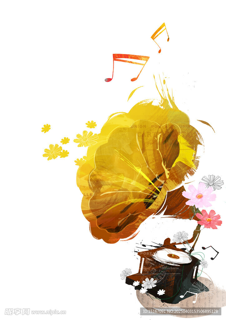 留声机乐器手绘水彩插画