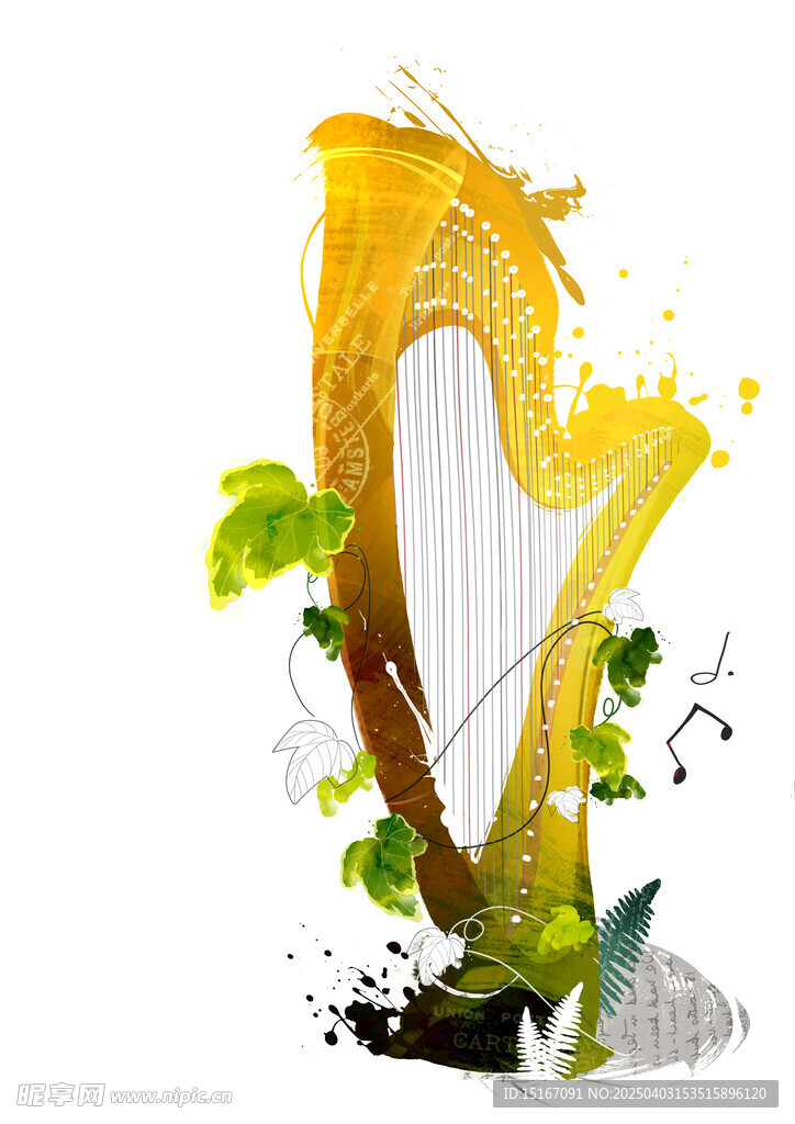 竖琴乐器手绘水彩插画
