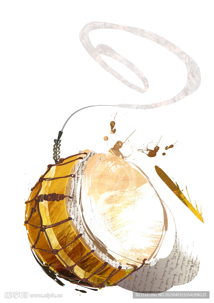 水墨风牛皮鼓乐器水彩插画