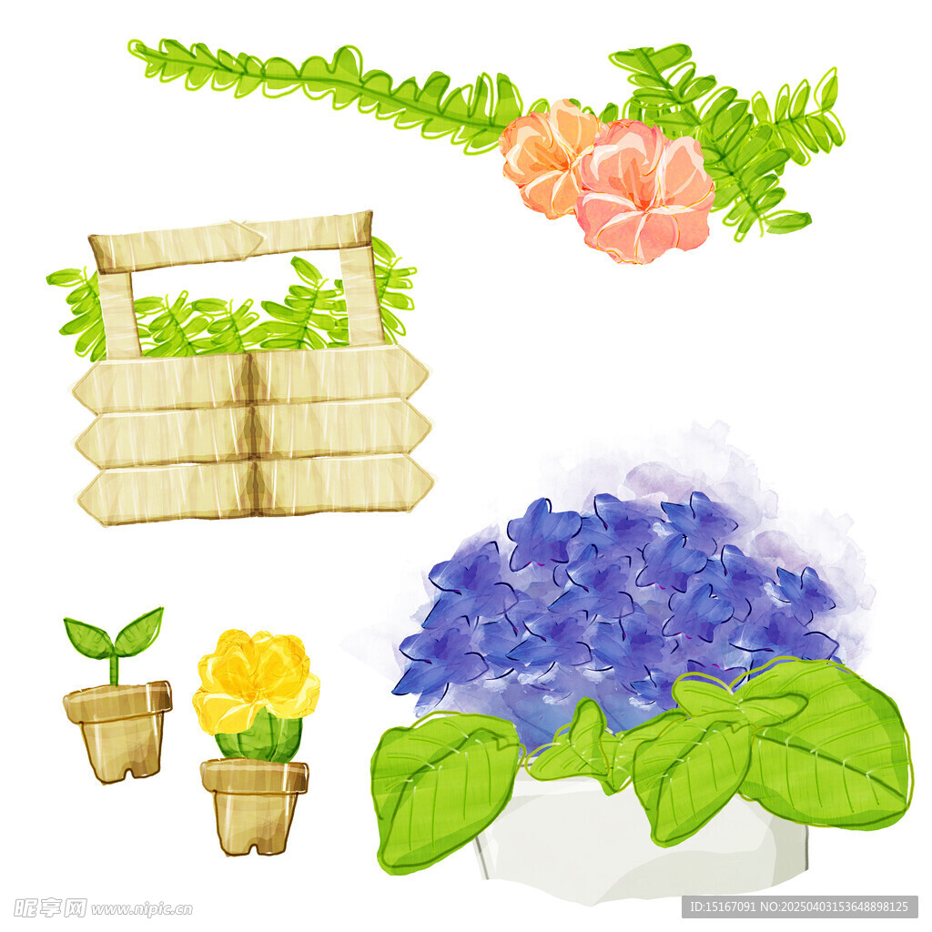 手绘花卉盆栽绿植插画