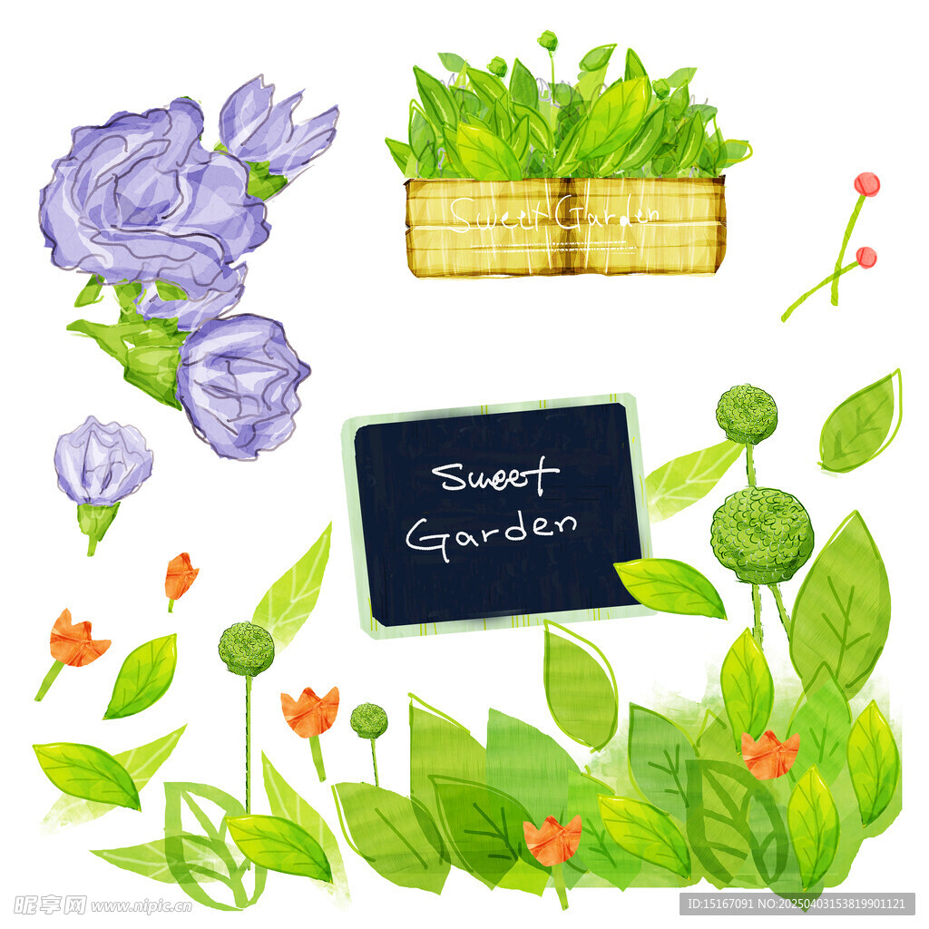 手绘花卉盆栽绿植插画