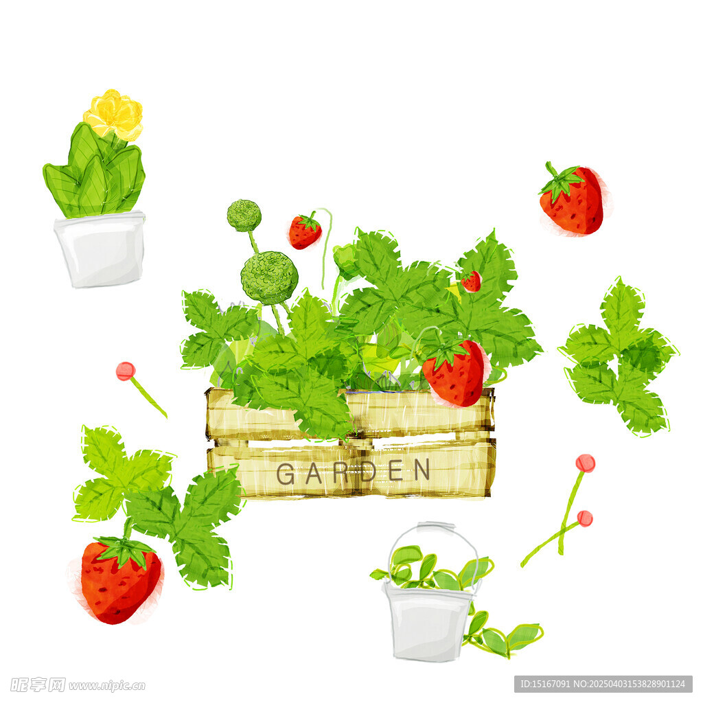 手绘水彩草莓水果花卉盆栽元素