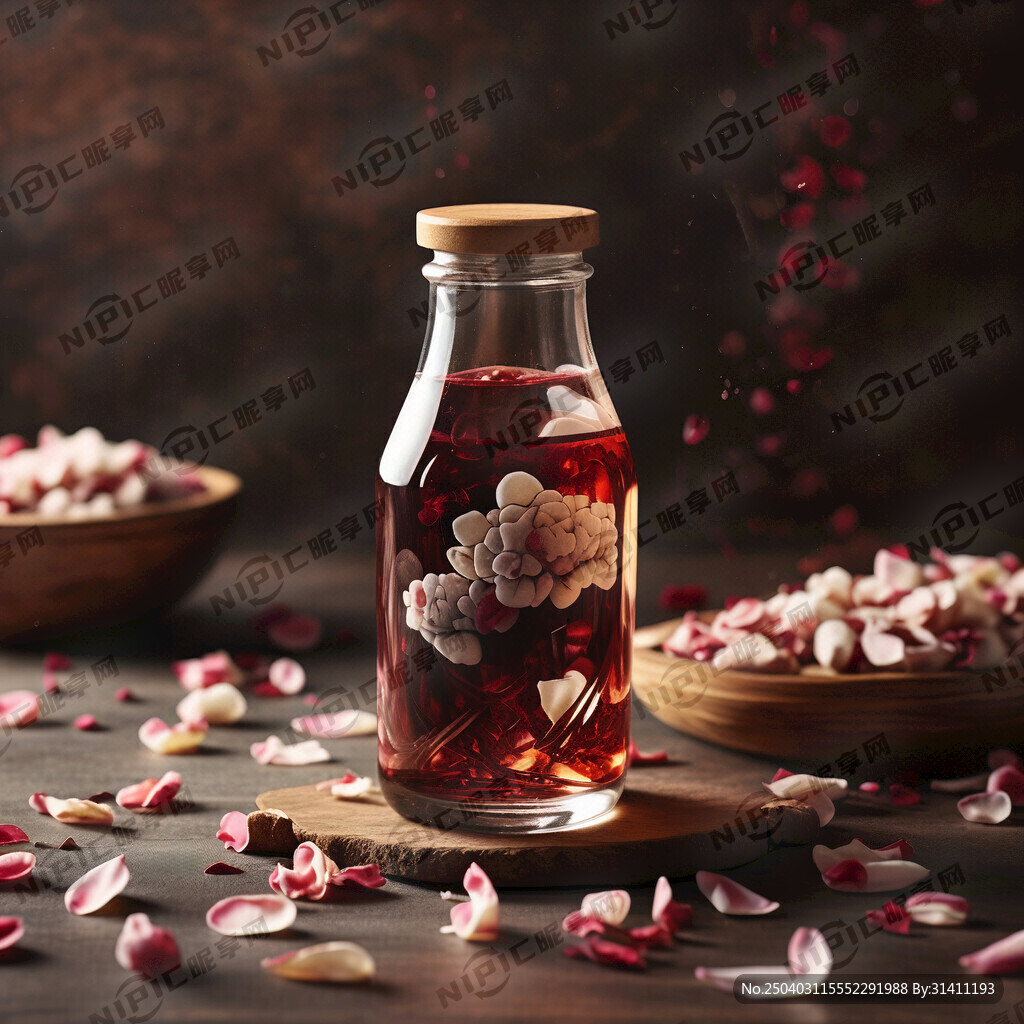 带有玫瑰花瓣的糯米甜酒