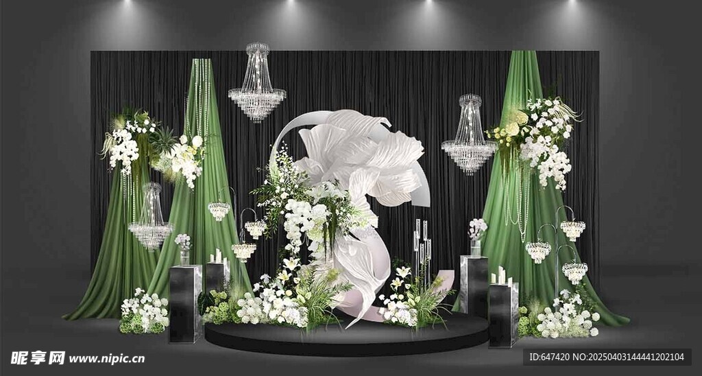 韩式布幔白绿花艺婚礼背景效果图