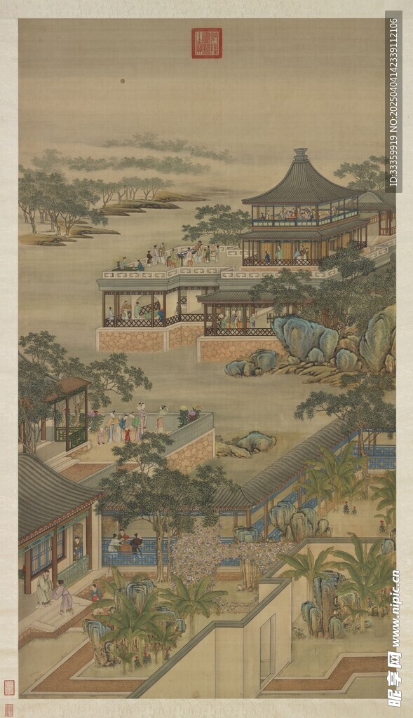清院本 十二月令图轴 八月赏月