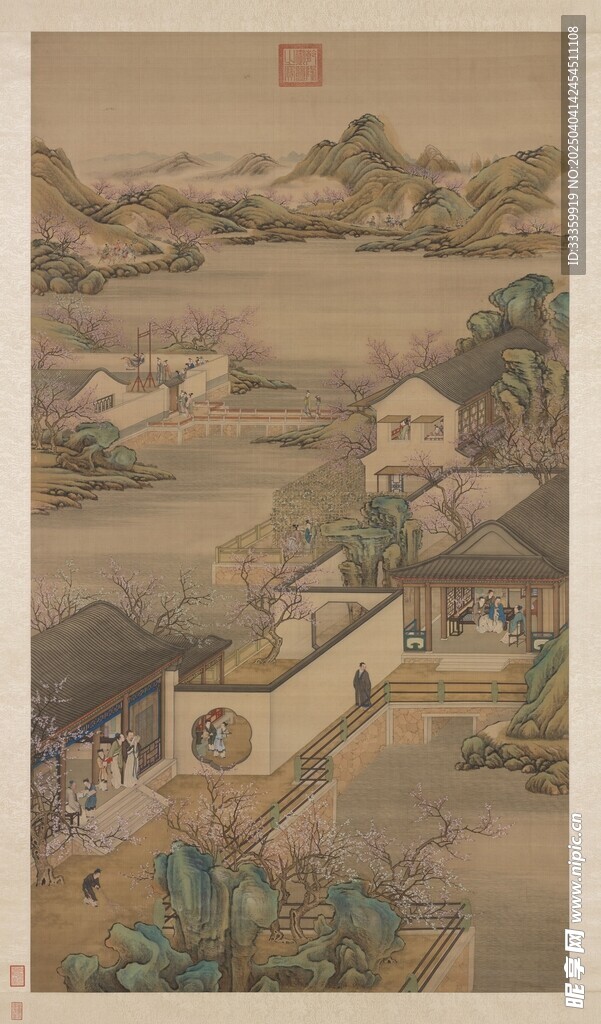 清院本 十二月令图轴 二月踏青