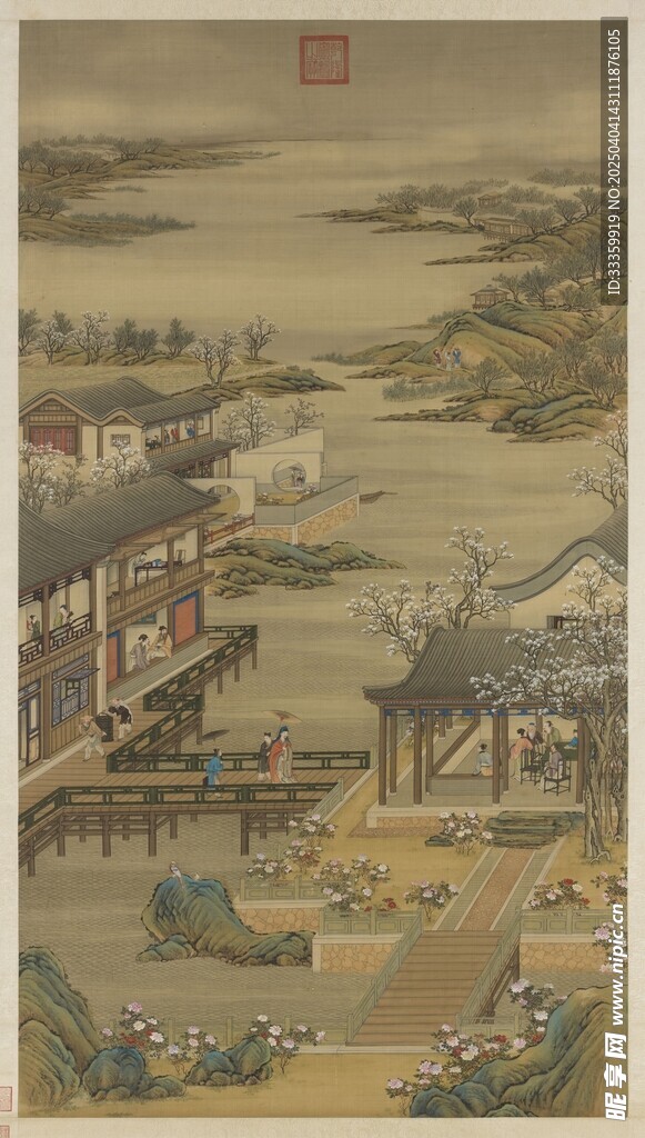 清院本 十二月令图轴 三月赏桃