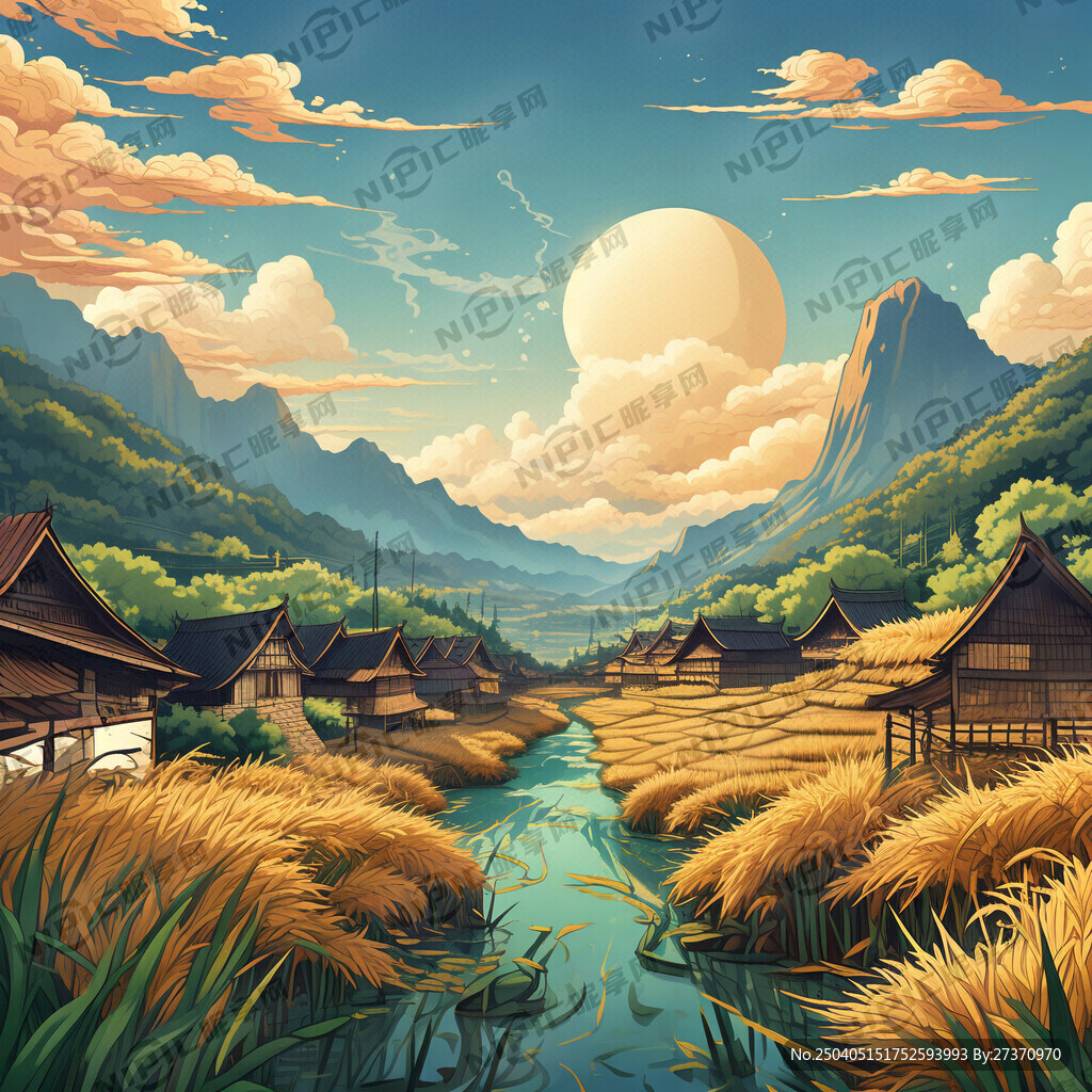稻田插画 卡通 大米 吊脚楼