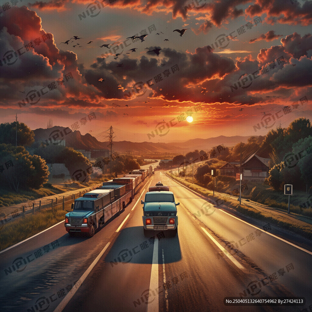 夕阳  马路  货车