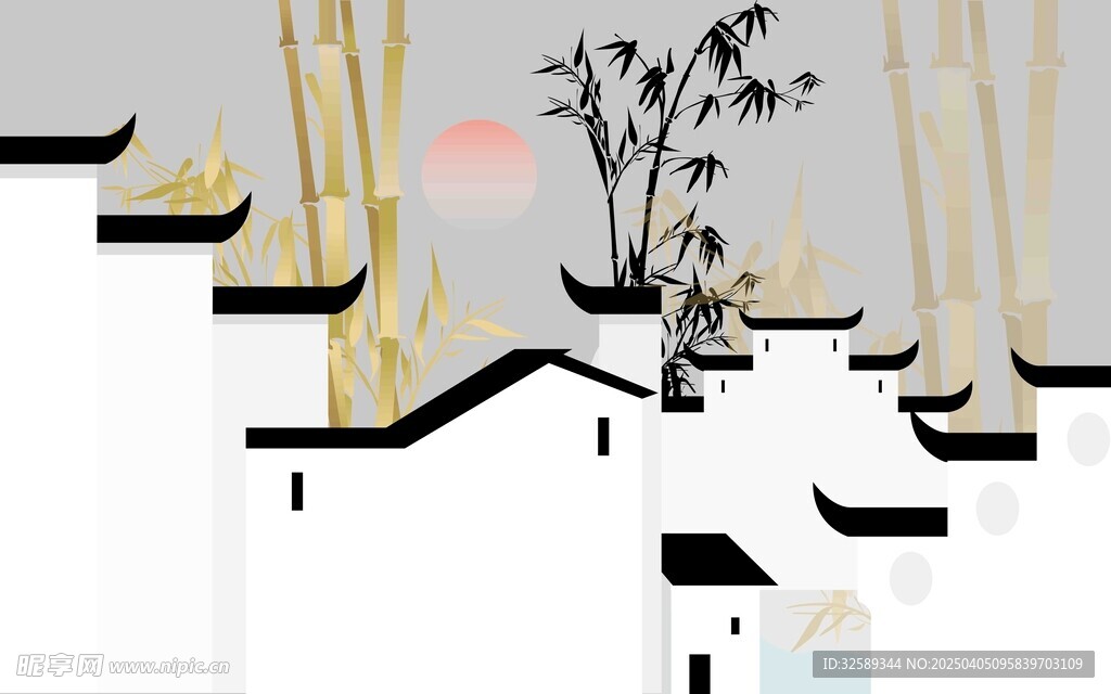   竹子徽派背景墙 