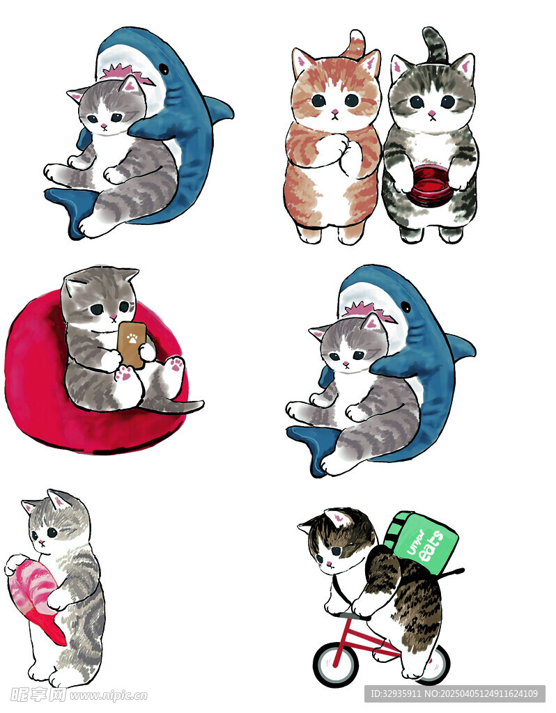 小猫 手绘 鲨鱼 可爱 卡通