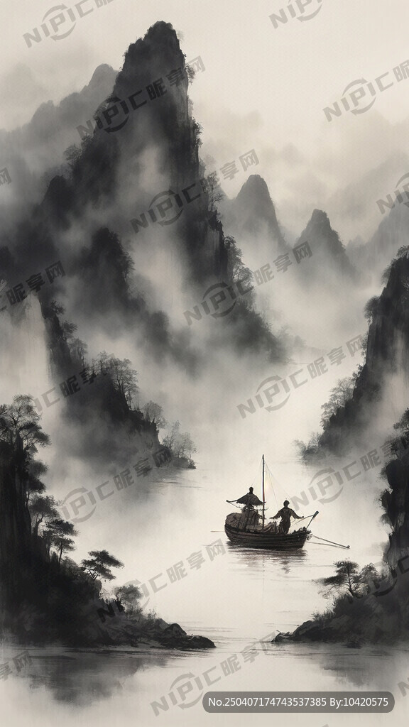 端午节的山水画 有龙舟