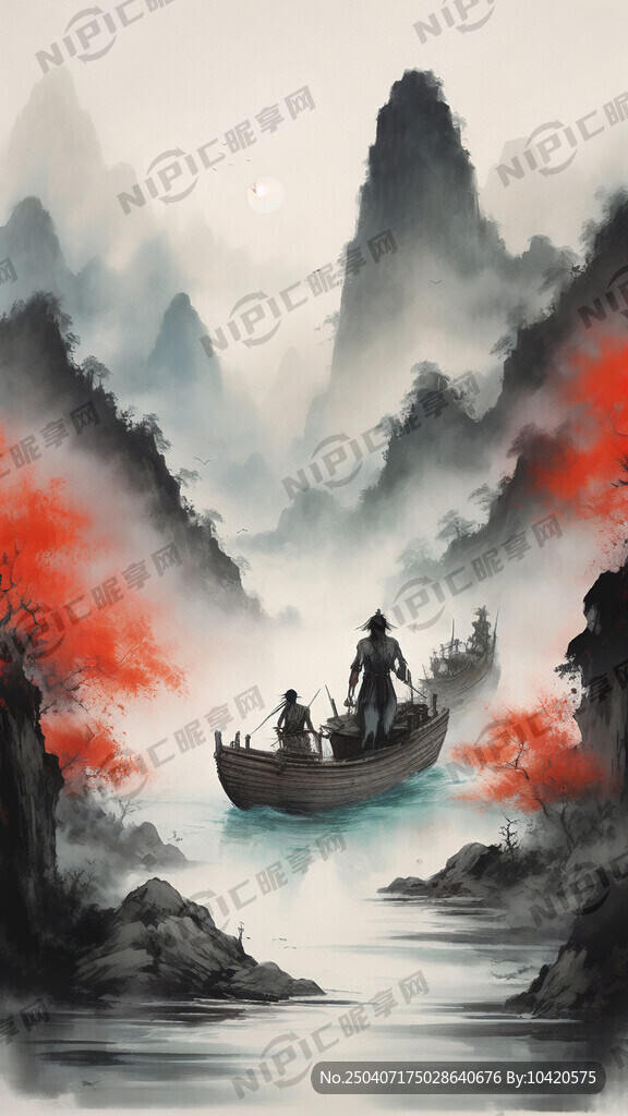 端午节的山水画 有龙舟