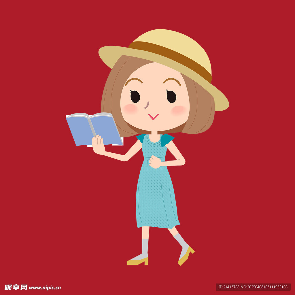 手绘读书女孩