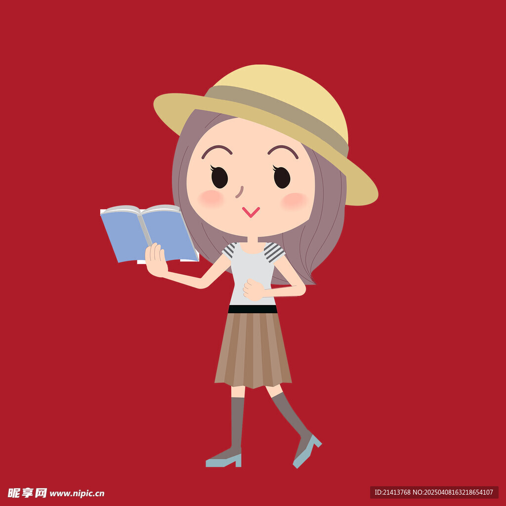 手绘读书女孩