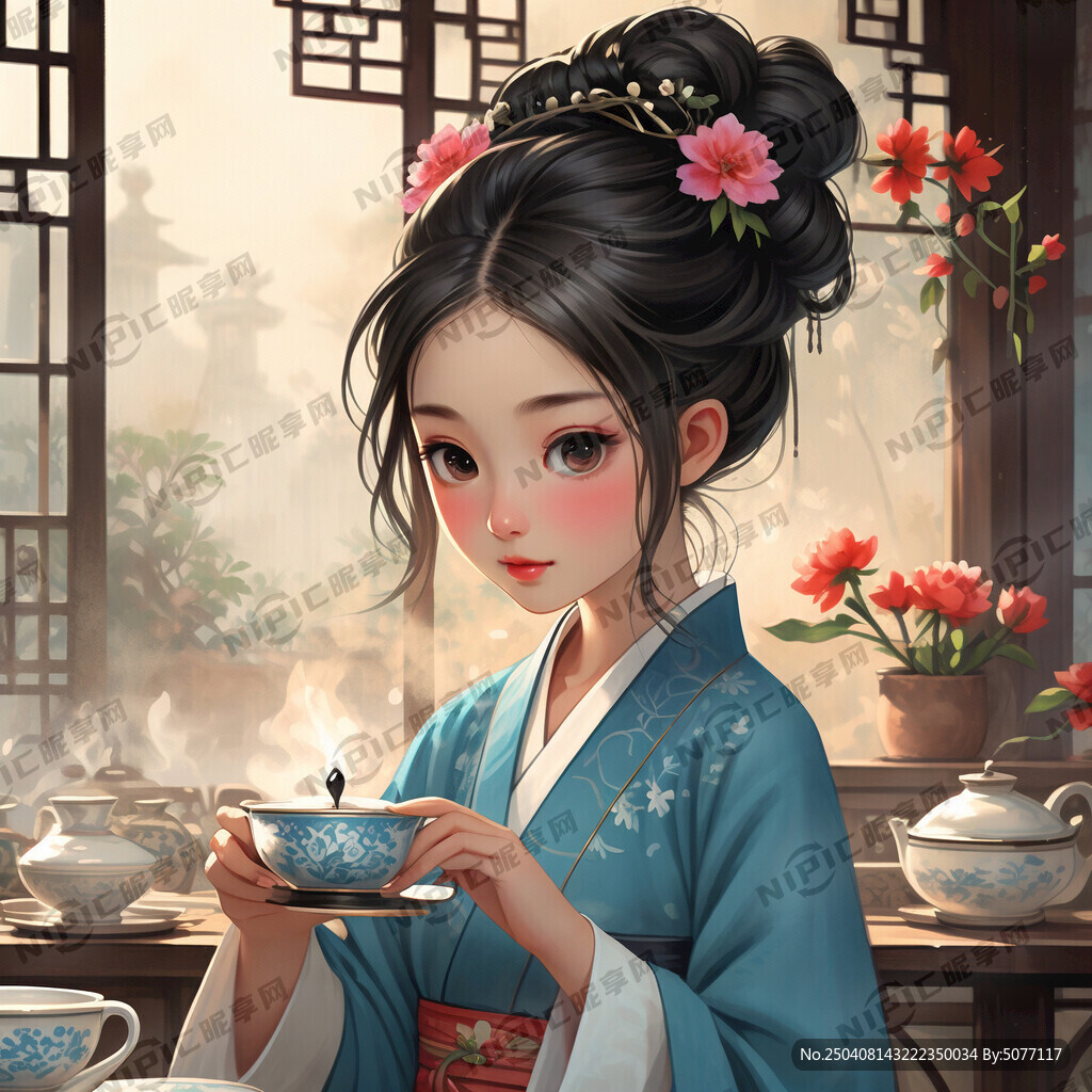 卡通风格 亚洲少女 淡青色汉服