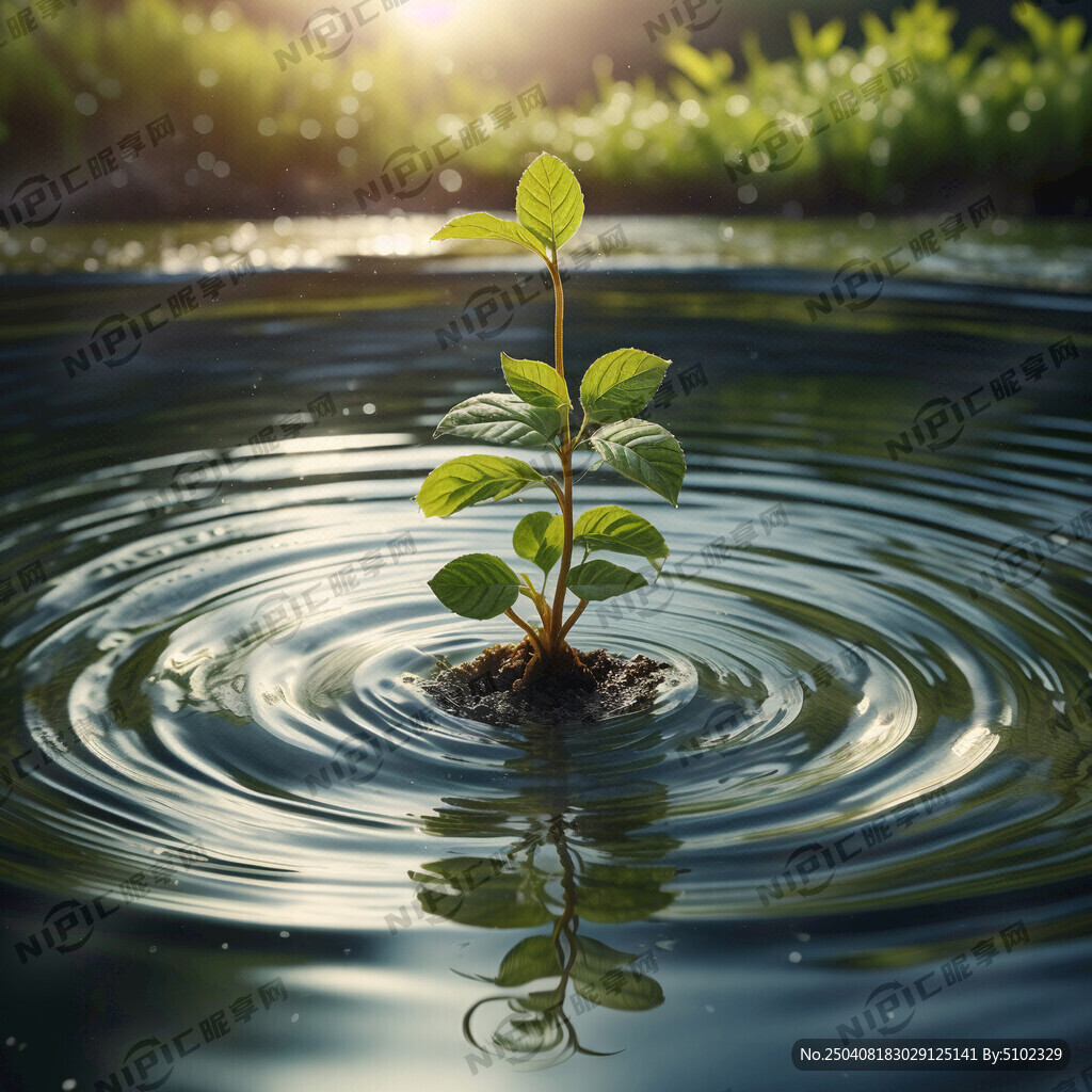 一个绿芽从水面升起