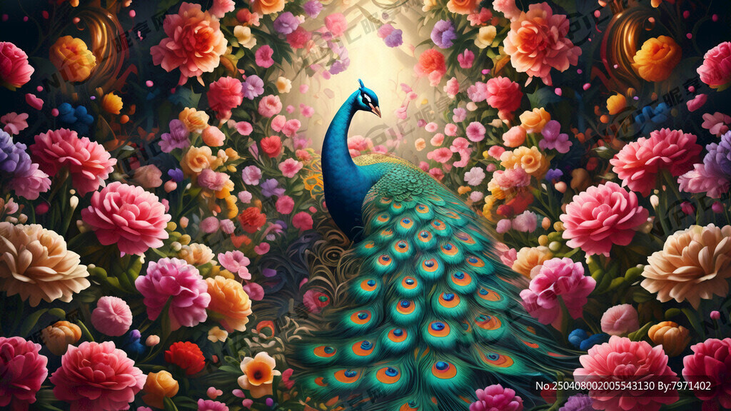 孔雀居中 鲜花 花朵