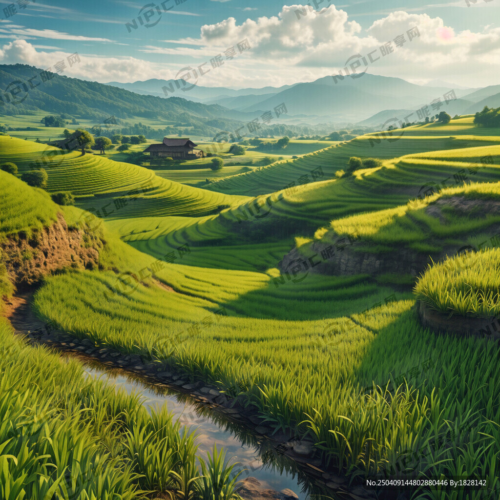绿色的稻田。大场景。