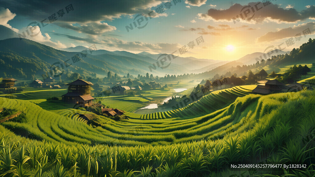 绿色的稻田。大场景。