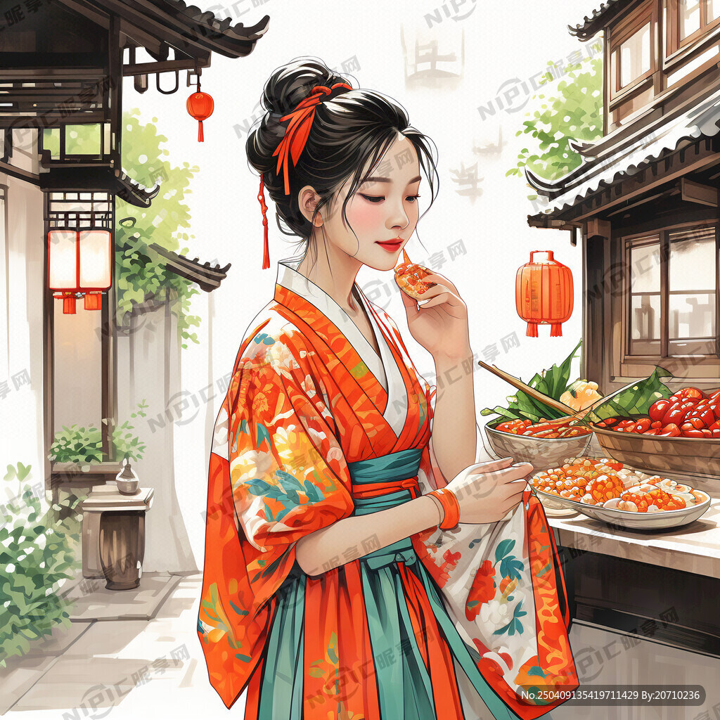 手绘矢量典雅江南侧身穿着彩色服