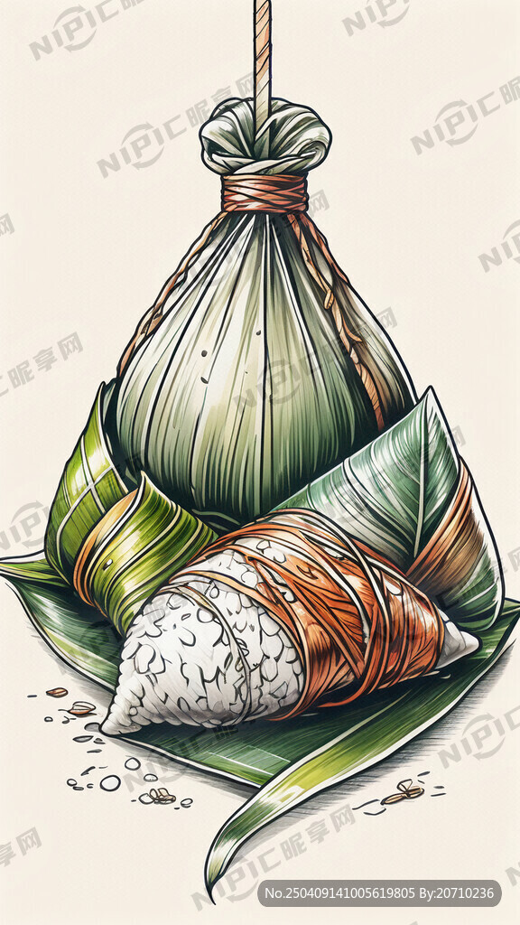 手绘粽叶包裹的粽子 带彩绳提手
