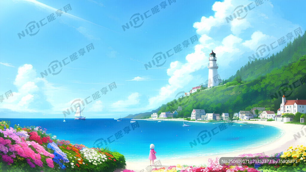 有蓝天白云碧海灯塔草地花朵一座