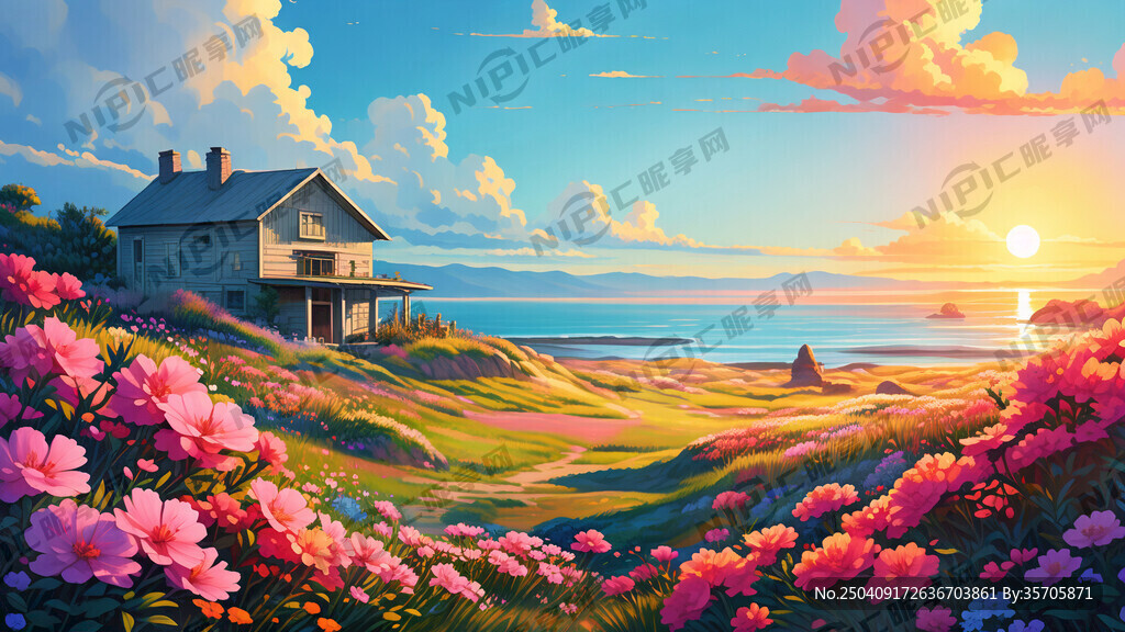 有蓝天白云碧海草地杜鹃花