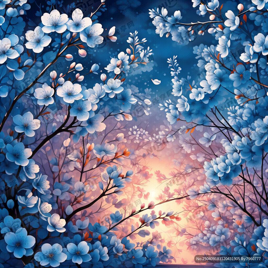 画一张蓝樱花的背景墙