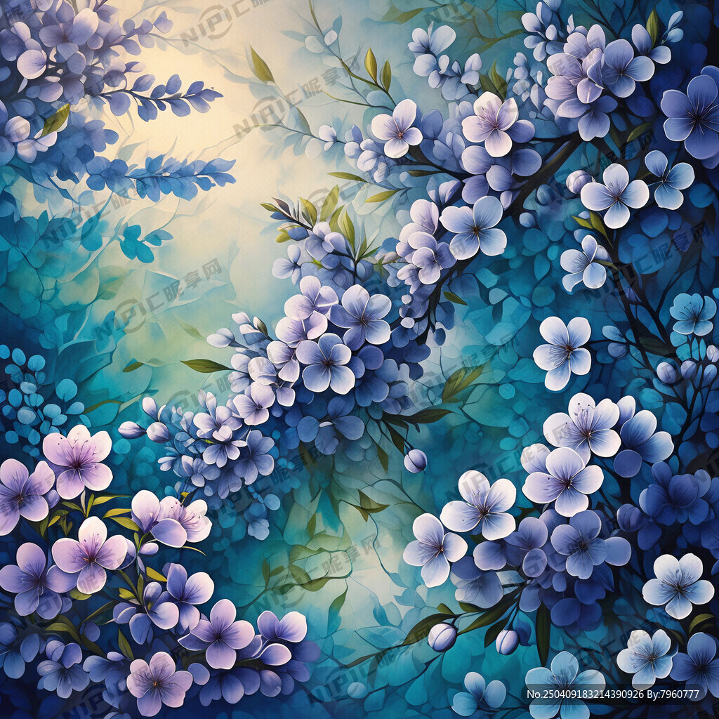 画一张蓝樱花的背景墙