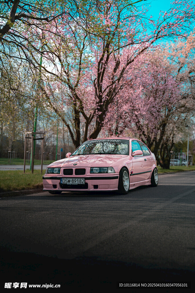 复古粉色轿车